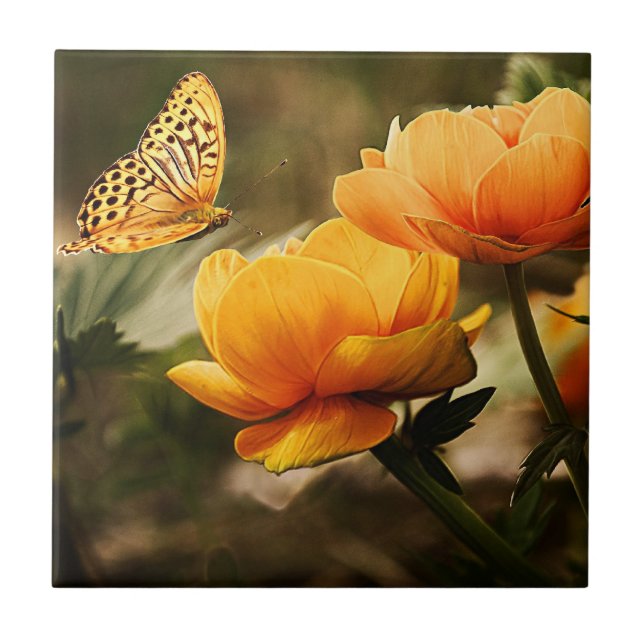 Golden yellow flowers and butterfly ceramic tile (Front)