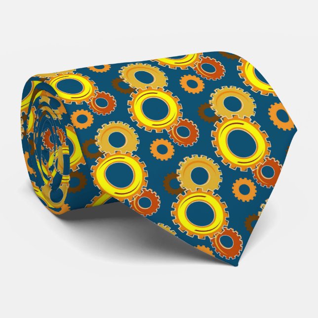 Golden Yellow Gears Navy Blue Stylish Mechanical Neck Tie (Rolled)