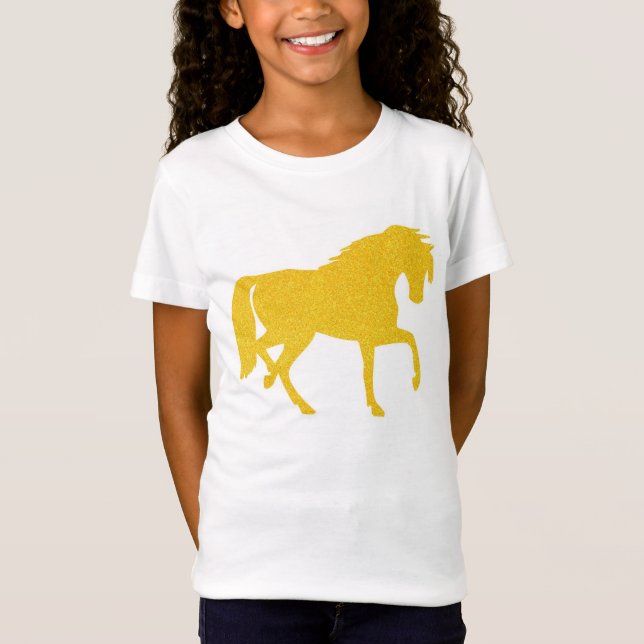 Golden Yellow Glitter Horse Girls T-shirt (Front)