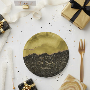 Golden Yellow Gold Glitter Abstract Watercolor Paper Plates