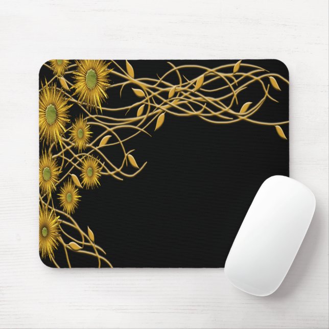 Golden Yellow Grunge Flower and Vine Mouse Pad (With Mouse)