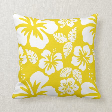 Golden Yellow Hawaiian Tropical Hibiscus Throw Pillow