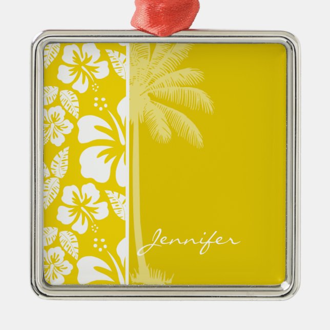 Golden Yellow Hawaiian Tropical Palm Metal Ornament (Front)