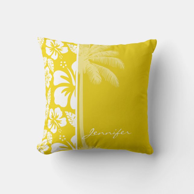 Golden Yellow Hawaiian Tropical Palm Throw Pillow (Front)