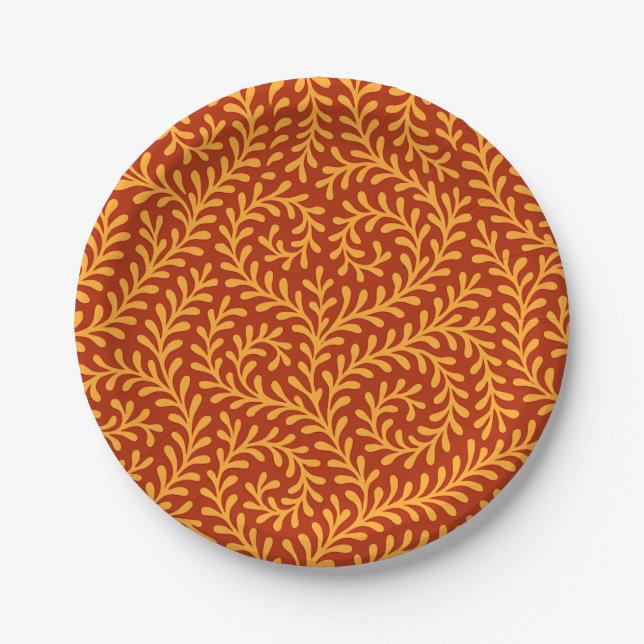 Golden Yellow Leafy Vine Pattern  Paper Plates (Front)