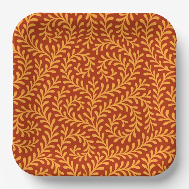 Golden Yellow Leafy Vine Pattern  Paper Plates (Front)