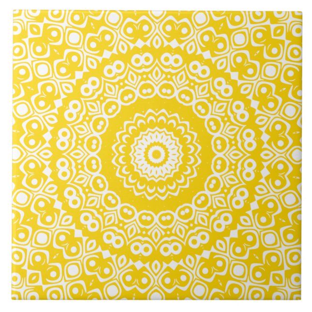 Golden Yellow Mandala Pattern Ceramic Tile (Front)