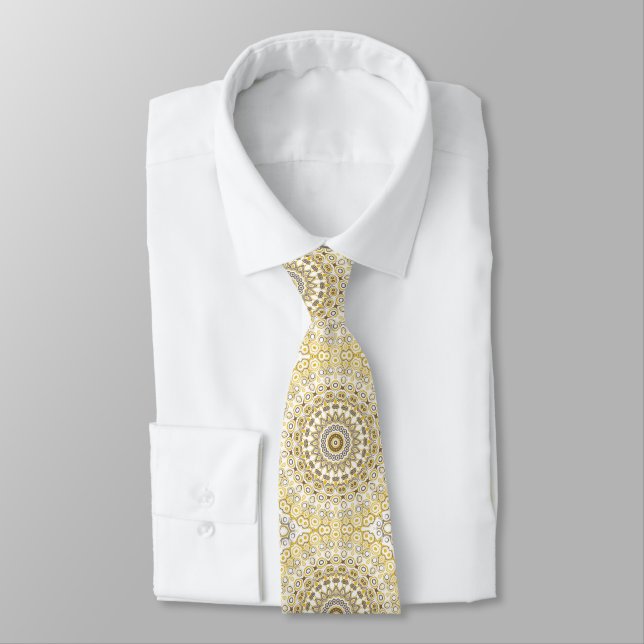Golden Yellow Mandala Pattern Neck Tie (Tied)