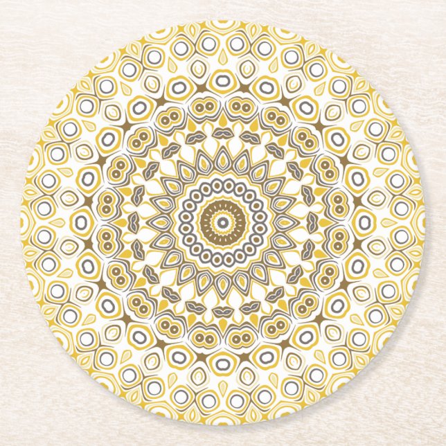 Golden Yellow Mandala Pattern Round Paper Coaster (Front)
