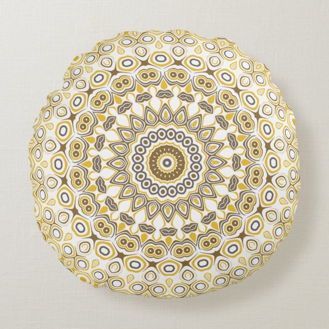 Golden Yellow Mandala Pattern Round Pillow (Front)
