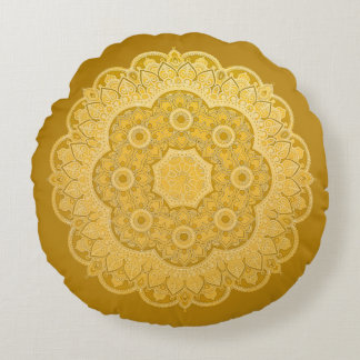 Golden Yellow Mandala  Round Pillow