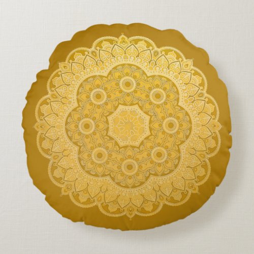 Golden Yellow Mandala  Round Pillow