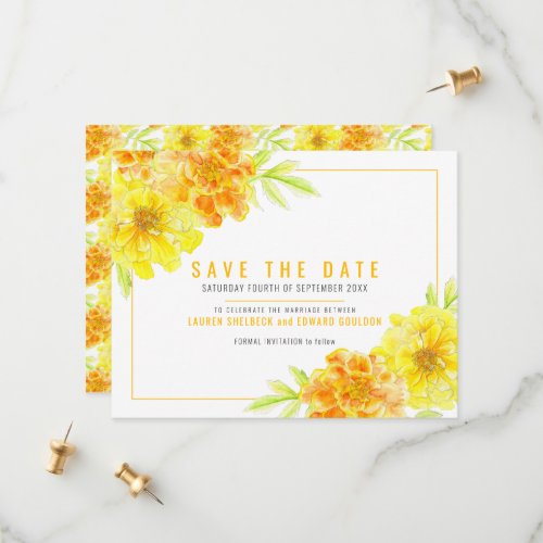 Golden yellow marigold floral watercolor wedding save the date