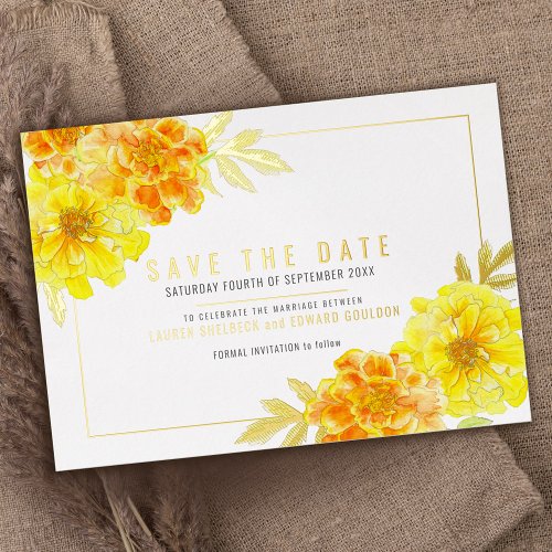 Golden yellow marigold watercolor save the date foil invitation