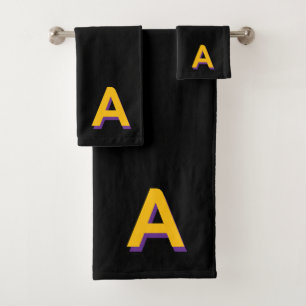 Golden Yellow Monogram on Black Bath Towel Set
