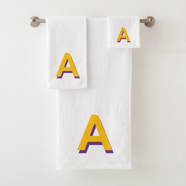 Golden Yellow Monogram on White Bath Towel Set (Insitu)
