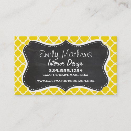 Golden Yellow Moroccan Quatrefoil; Chalkboard look Business Card Template