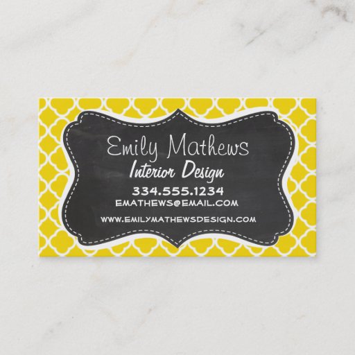 Customizable Golden Yellow Moroccan Quatrefoil; Chalkboard look Business Card Template