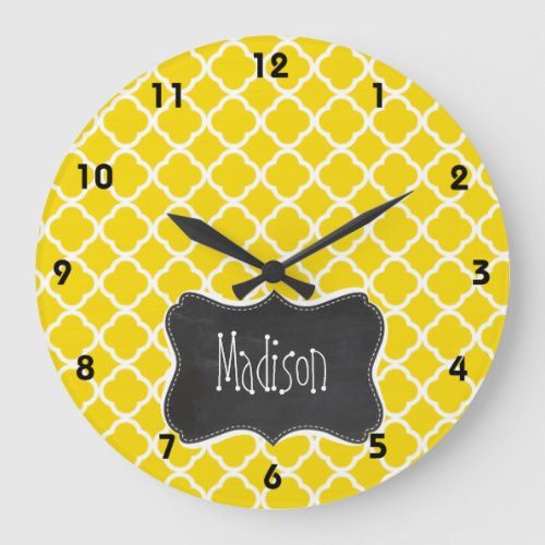 Golden Yellow Moroccan Quatrefoil Chalkboard look Large Clock