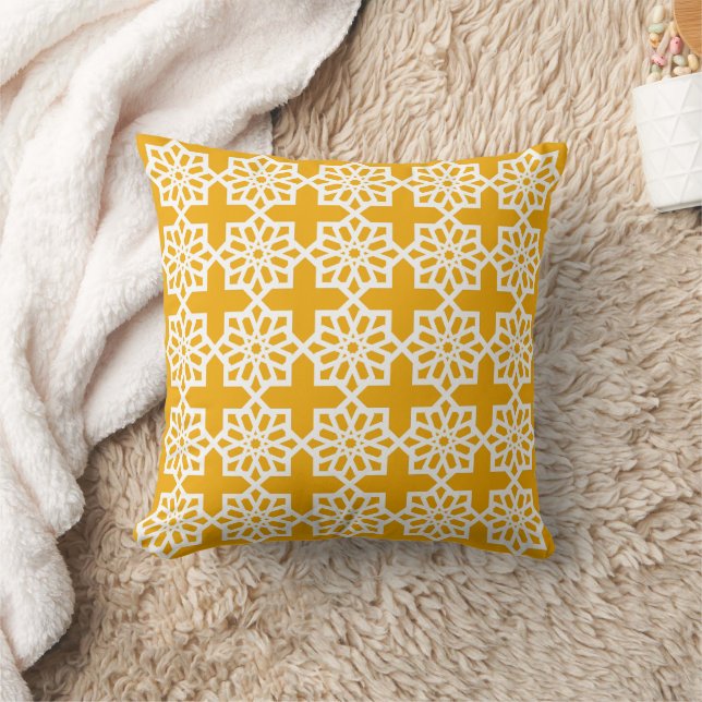 Golden Yellow Moroccan Star Pattern Tile Throw Pil Pillow (Blanket)