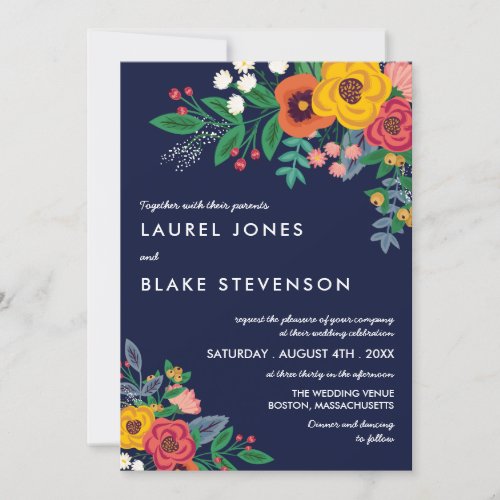 Golden Yellow Navy Blue Bohemian Bouquet Invitation