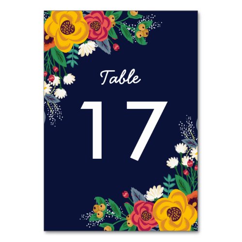 Golden Yellow Navy Blue Bohemian Bouquet Table Number