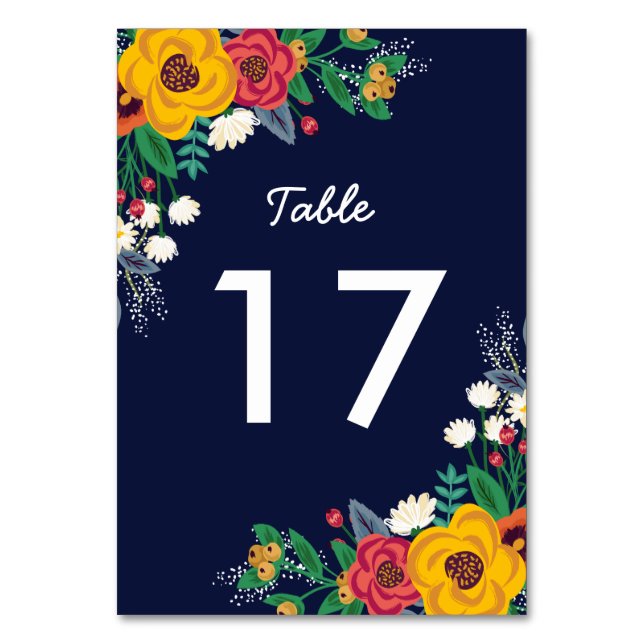 Golden Yellow Navy Blue Bohemian Bouquet Table Number (Front)