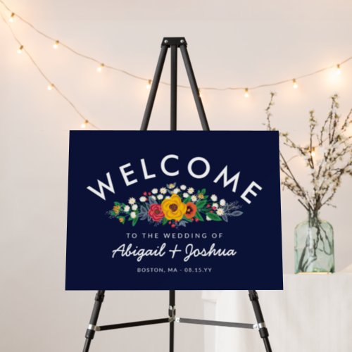 Golden Yellow Navy Blue Bohemian Wedding Welcome Foam Board