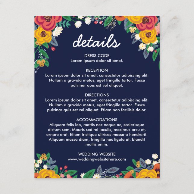 Golden Yellow Navy Blue Boho Bouquet Details Enclosure Card (Front)