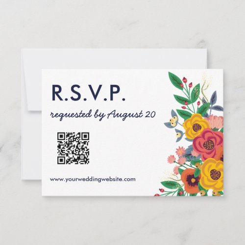 Golden Yellow Navy Blue Boho Wedding QR Online RSVP Card