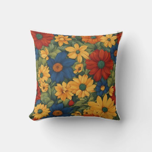 Golden Yellow Orange Blue Green floral design Throw Pillow