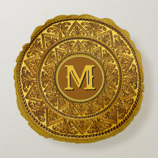 Golden-yellow Ornament with Monogram Round Pillow