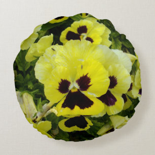 Golden Yellow Pansies On Bush, Round Pillow