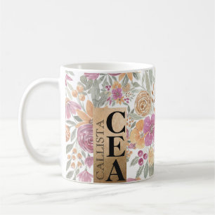 Golden Yellow Pink Floral Watercolor Monogram Coffee Mug