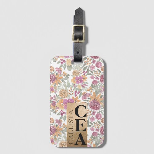 Golden Yellow Pink Floral Watercolor Monogram Luggage Tag