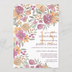 Golden Yellow Pink Floral Watercolor Quinceañera Invitation