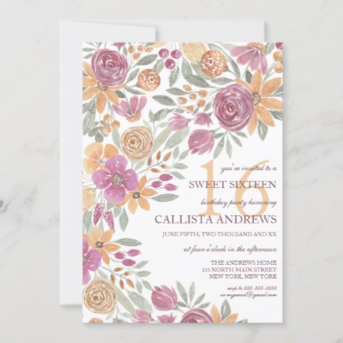 Golden Yellow Pink Floral Watercolor Sweet 16 Invitation