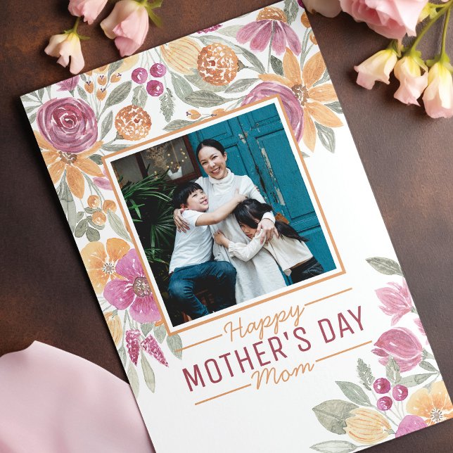 Golden Yellow Pink Sage Green Floral Mother's Day Holiday Card (Creator Uploaded)