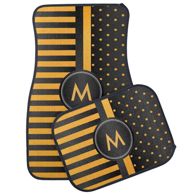 Golden Yellow polka Dots and Black Stripes Car Mat (Set)