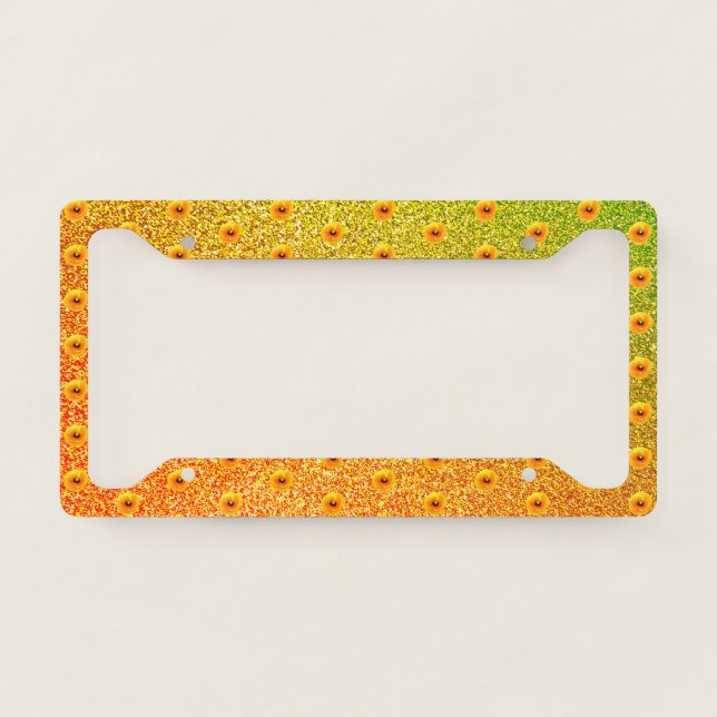 Golden Yellow Poppy Floral Glittery Sparkly Ombre License Plate Frame (Front)