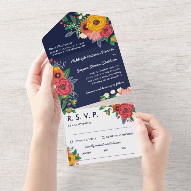 Golden Yellow Red Navy Boho Flowers All In One Invitation (Tearaway)