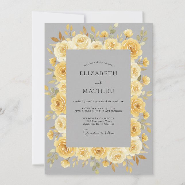 Golden Yellow Refined Floral Wedding Invitation (Front)