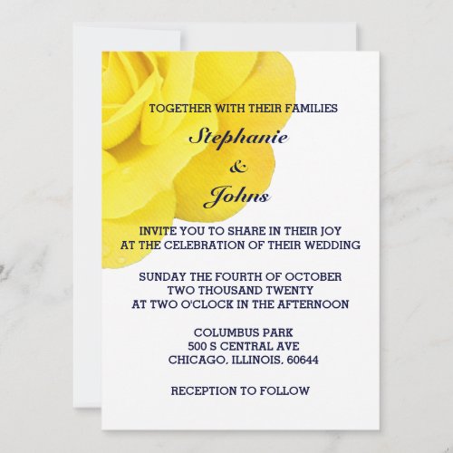 Golden Yellow Rose Dark Navy Blue White Wedding Invitation