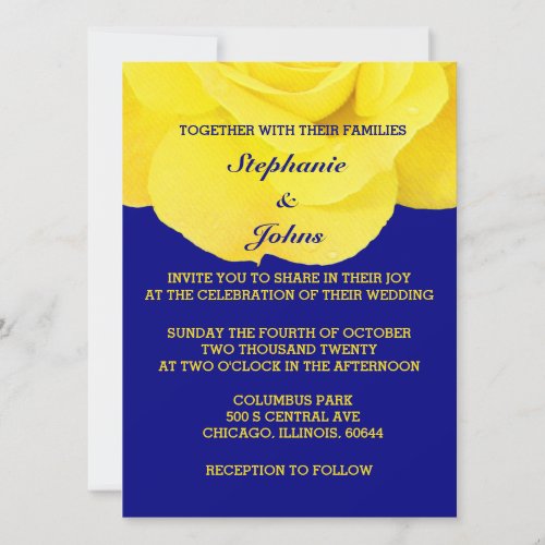 Golden Yellow Rose Gold Navy Blue Floral Colorful Invitation