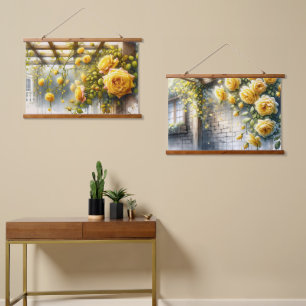 Golden Yellow Roses on Rustic Garden Trellis Hanging Tapestry