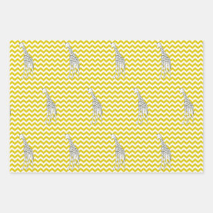 Golden Yellow Safari Chevron with Pop Art Giraffe Wrapping Paper Sheets