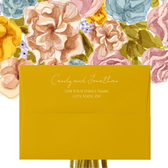 Golden Yellow Simple Style Modern Script Wedding Envelope (In Situ Flowers)