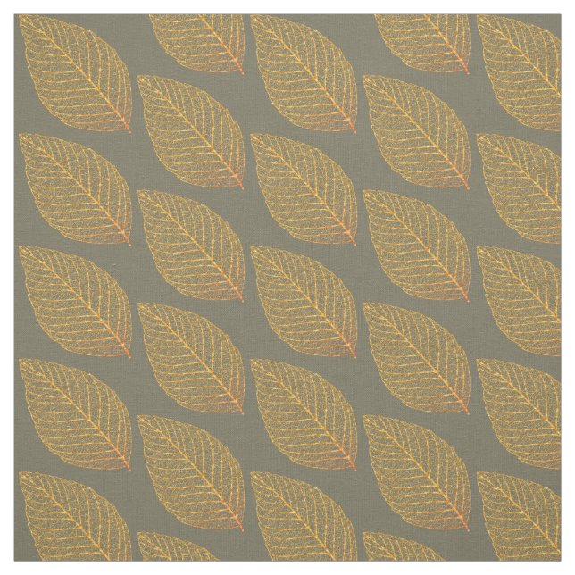 Golden Yellow Skeleton Leaf Pattern Over Green Fabric (Swatch)