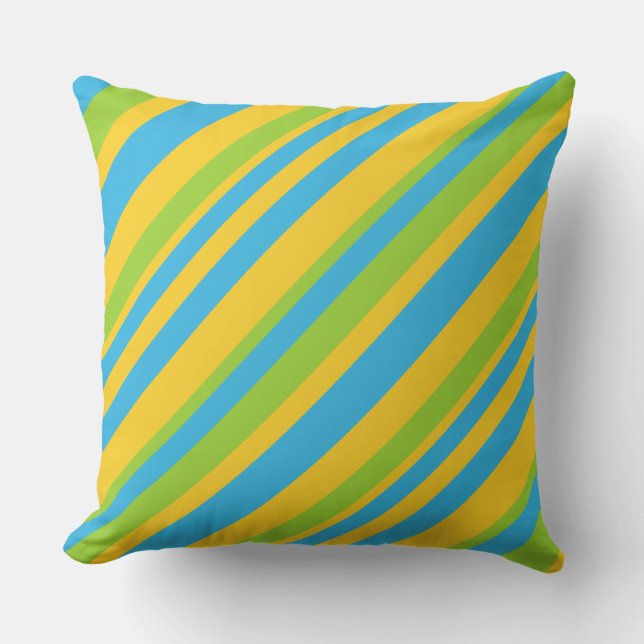 Golden Yellow, Sky Blue, Green Diagonal Stripes Throw Pillow (Front)