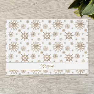 Golden Yellow Snowflakes Pattern & Custom Name Placemat